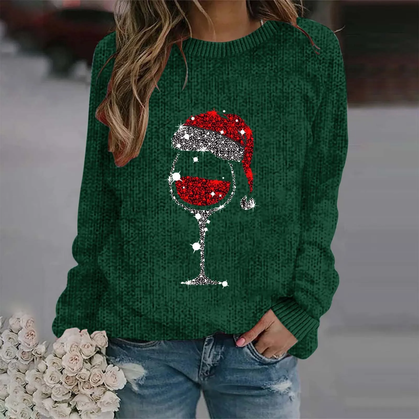 Christmas Sweater Red Wine Glass Print Jumper Women\'s Autumn And Winter Round Neck Long Sleeve Fashion Casual Sweater For Women