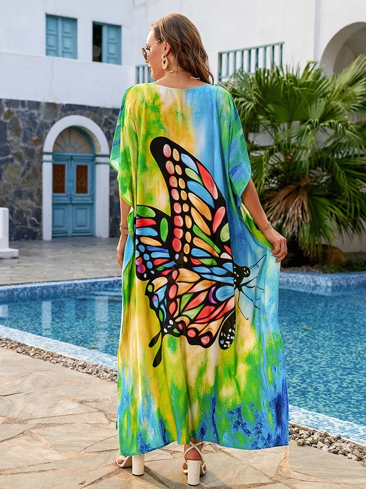 2024 Caftans for Women Loungewear Butterfly Print Rainbow Plus size Kaftan Swimsuit Cover up Robe Beach Maxi Dress Beachwear