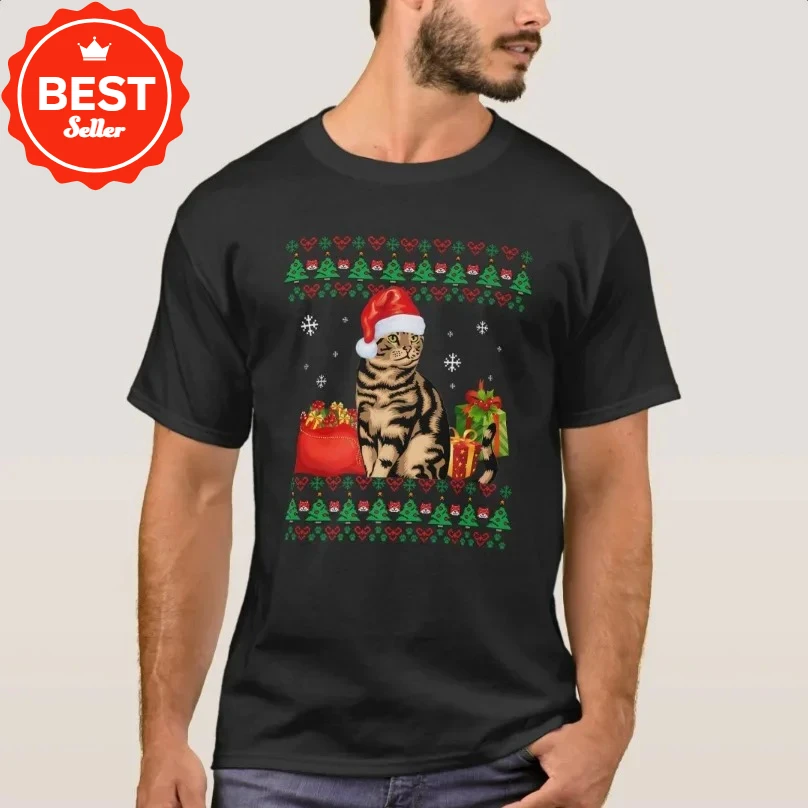 Merry Catmas Toyger gato mamá papá feo suéter de Navidad camiseta 100% algodón cuello redondo manga corta Casual camiseta para hombre talla S-3XL