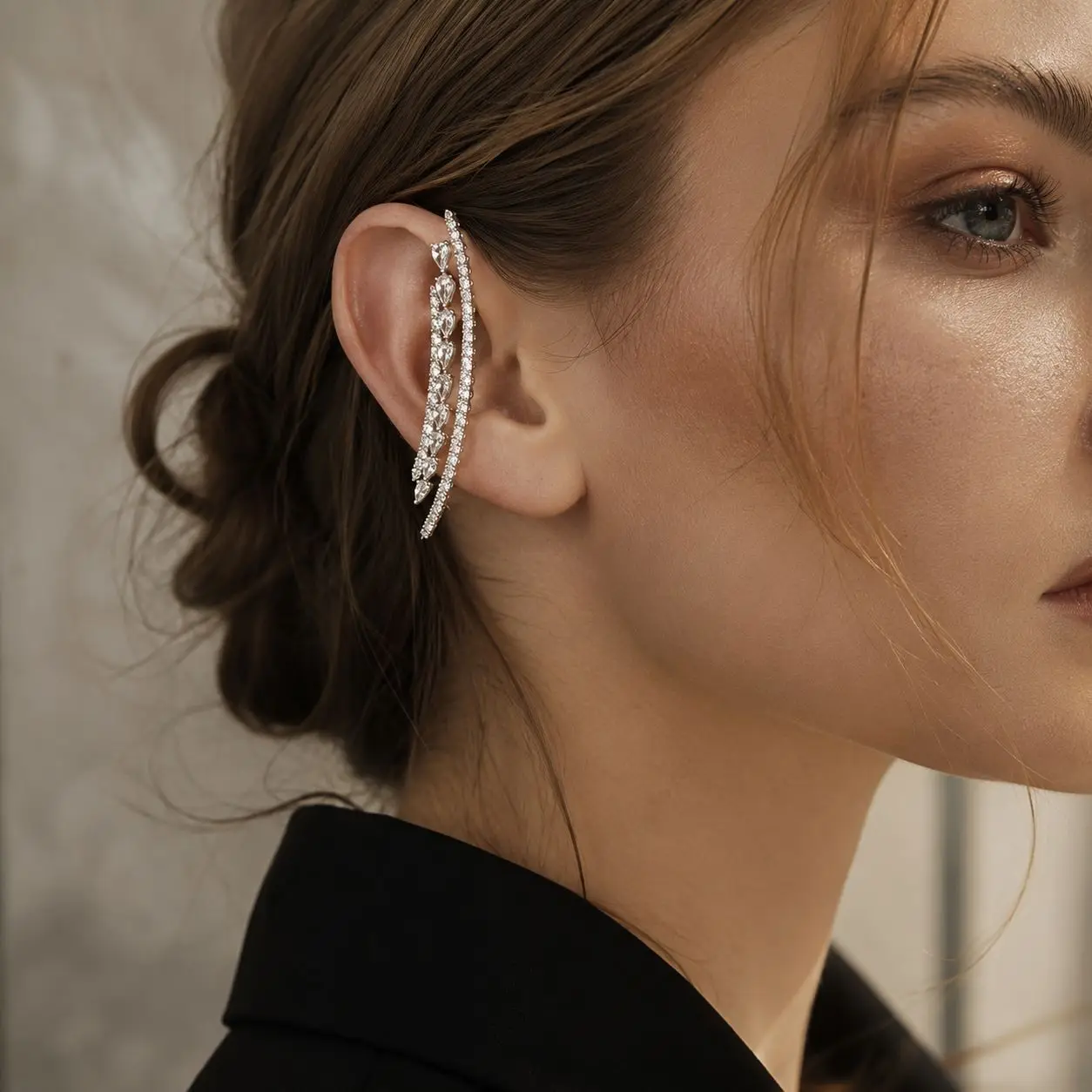 Minimalist Sleek Double Layer Ear Crawler Shiny Marquise Waterdrop Crystal Cuff Wrap Track Line Earring Fine Jewelry Gift