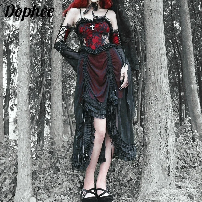 Dophee Original Dark Black Red Suspenders Dress Elegant Perspective Lace Drawstring Ruffles High Waist Mid-long Halloween Dress