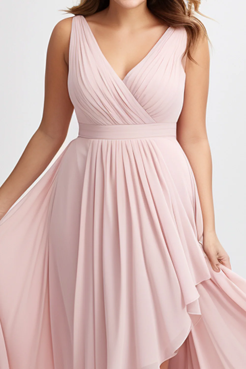 Flycurvy Plus Size Bridesmaid Jasnoróżowa szyfonowa sukienka maxi bez rękawów