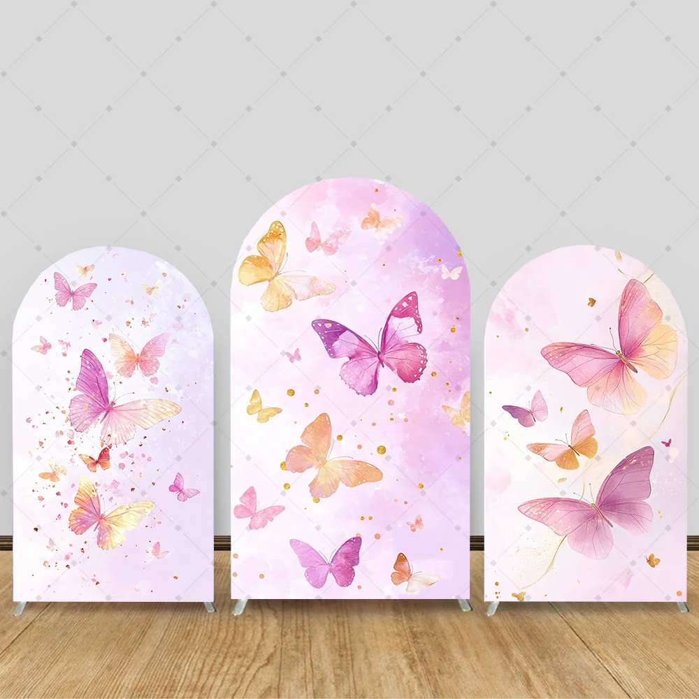 Pink Butterfly Arch Backdrop Wall Fairy Butterflies Baby Shower Birthday Wedding Party Decor Arched Cover 2-Sided