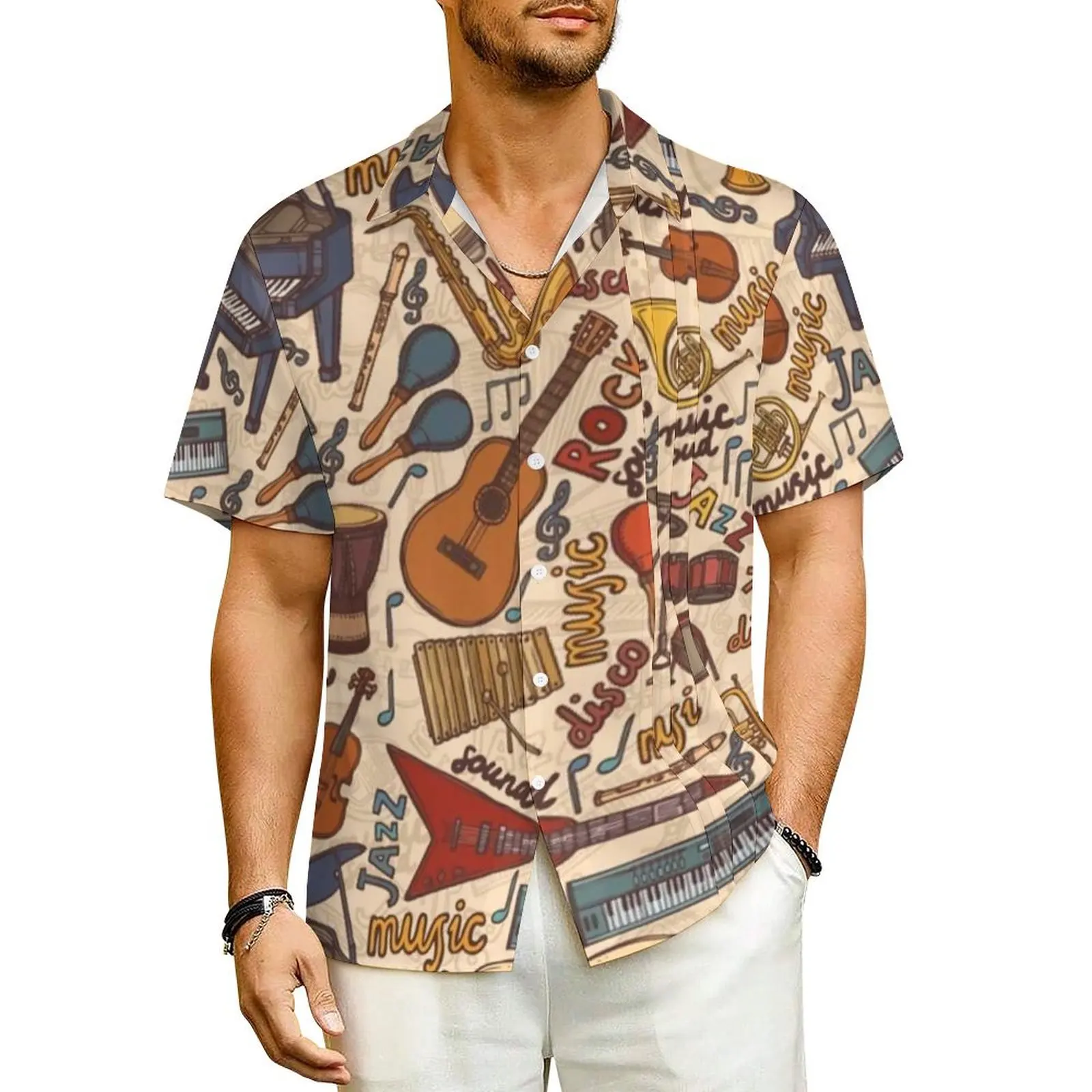 Summer Shirt Vacation Music Patterns Blouses Band Instruments Elegant Casual Shirts Man Short Sleeve Streetwear Oversize Clothes