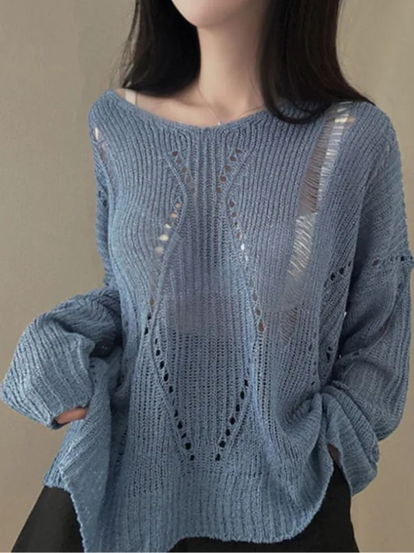 Chic V-Neck Long Sleeve Ice Silk Knitted Sweater Loose Fit Medium Length Spring Lazy Style  Color Hollow out Knitwear