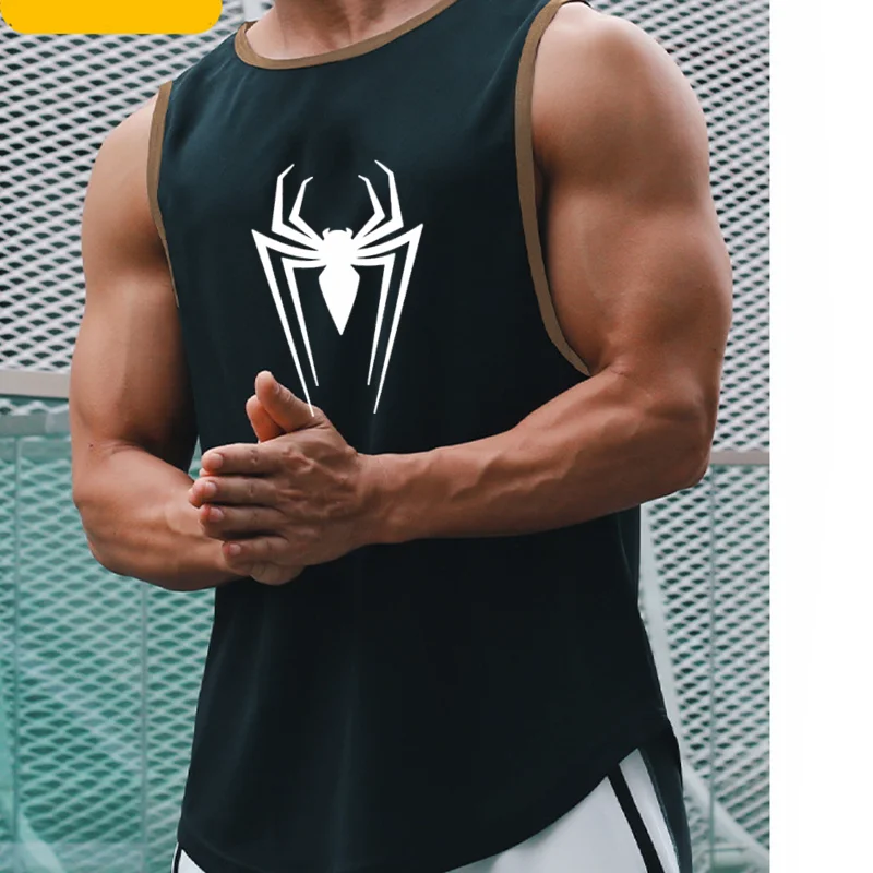 Summer Men's Quick-drying Mesh Sleeveless Spider Printed Tank Top, Gym Running Equipment Training, Show Muscle Movement