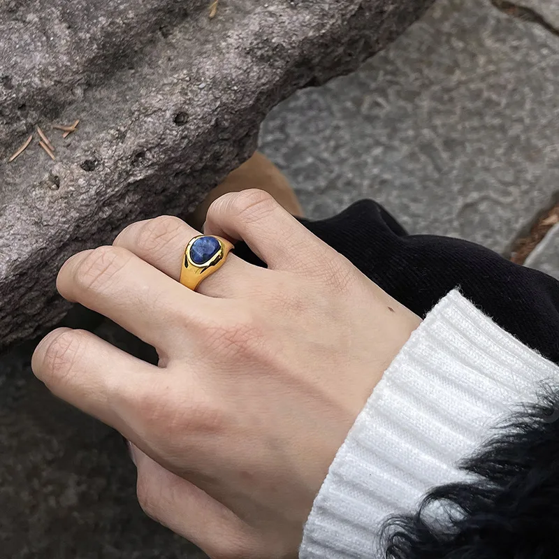 QMCOCO Minimalism Punk Retro Rings Female Gilded Blue Stone Korea Fashion Charms Wedding Jewelry Girl Party Gifts