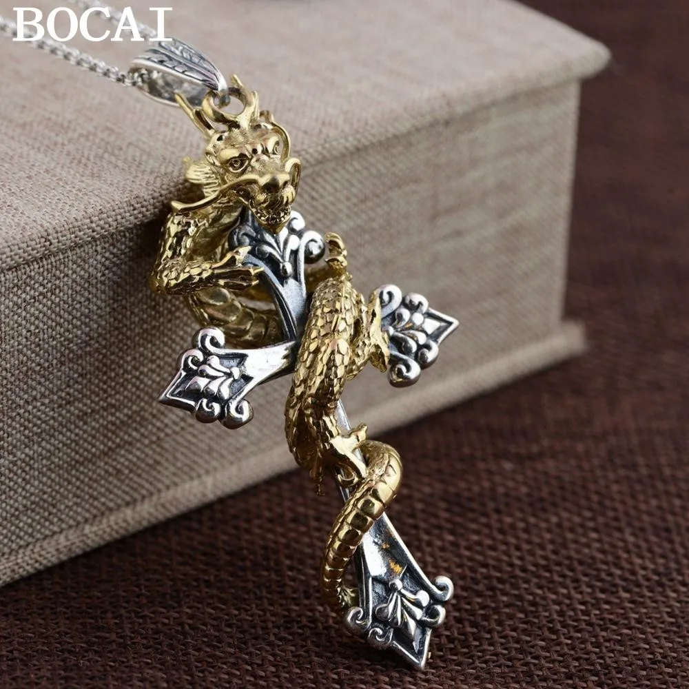 BOCAI New S925  Silver Man Pendant Cross China Dragon Fashion Personality Good Luck Jewelry Gift Drop shipping