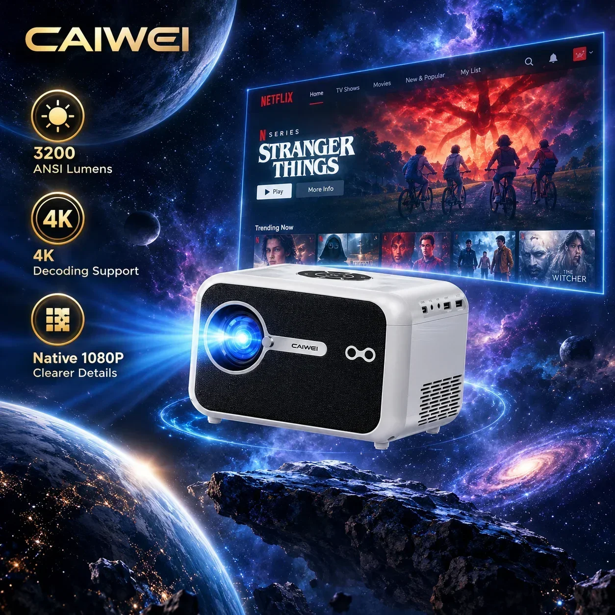 CAIWEI A6L 3200ANSI Netflix Certified 4K Support Smart Projector Auto Focus WiFi6 MEMC Dolby Audio Portable Home Theater