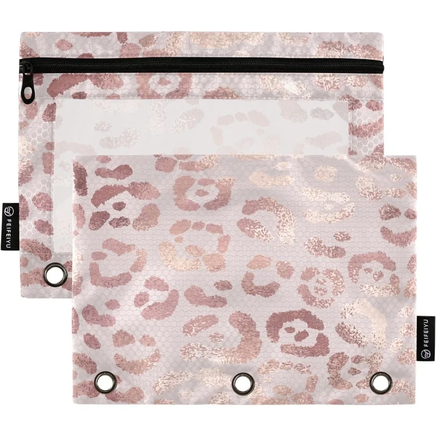 

Leopard Print Cheetah Rose Gold Peil Pouch for 3 Ring Binder 2 PCS Binder Peil Pouch with Zipper Clear Window Zipper Peil Case
