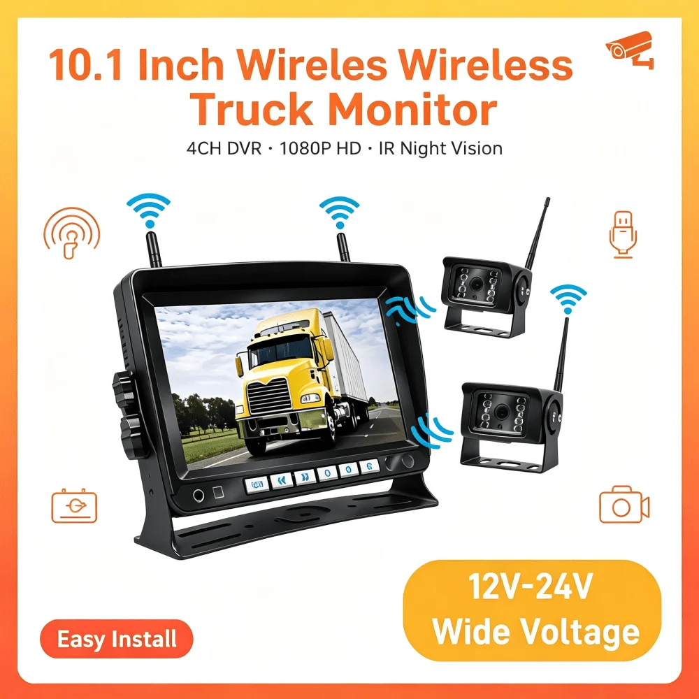 7 Inch IPS Wireless Truck Monitor,1024*600,4CH DVR,1080P IR Night Vision,12V-24V Dual Antenna Stable Signal for Truck Reversing
