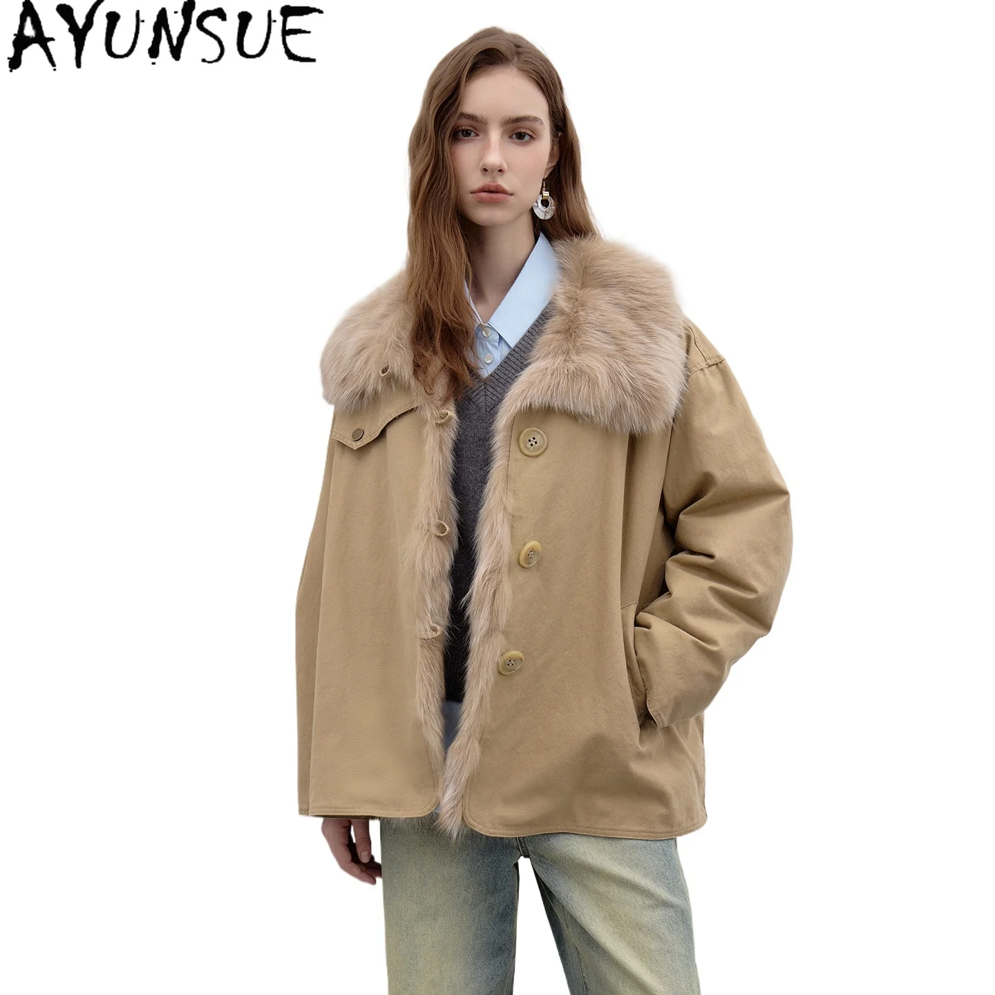 AYUNSUE Real Fox Fur Collar Winter Jacket Woman Warm 90% White Goose Down Coat Women Mid-length Parka 2026 Abrigos De Mujer