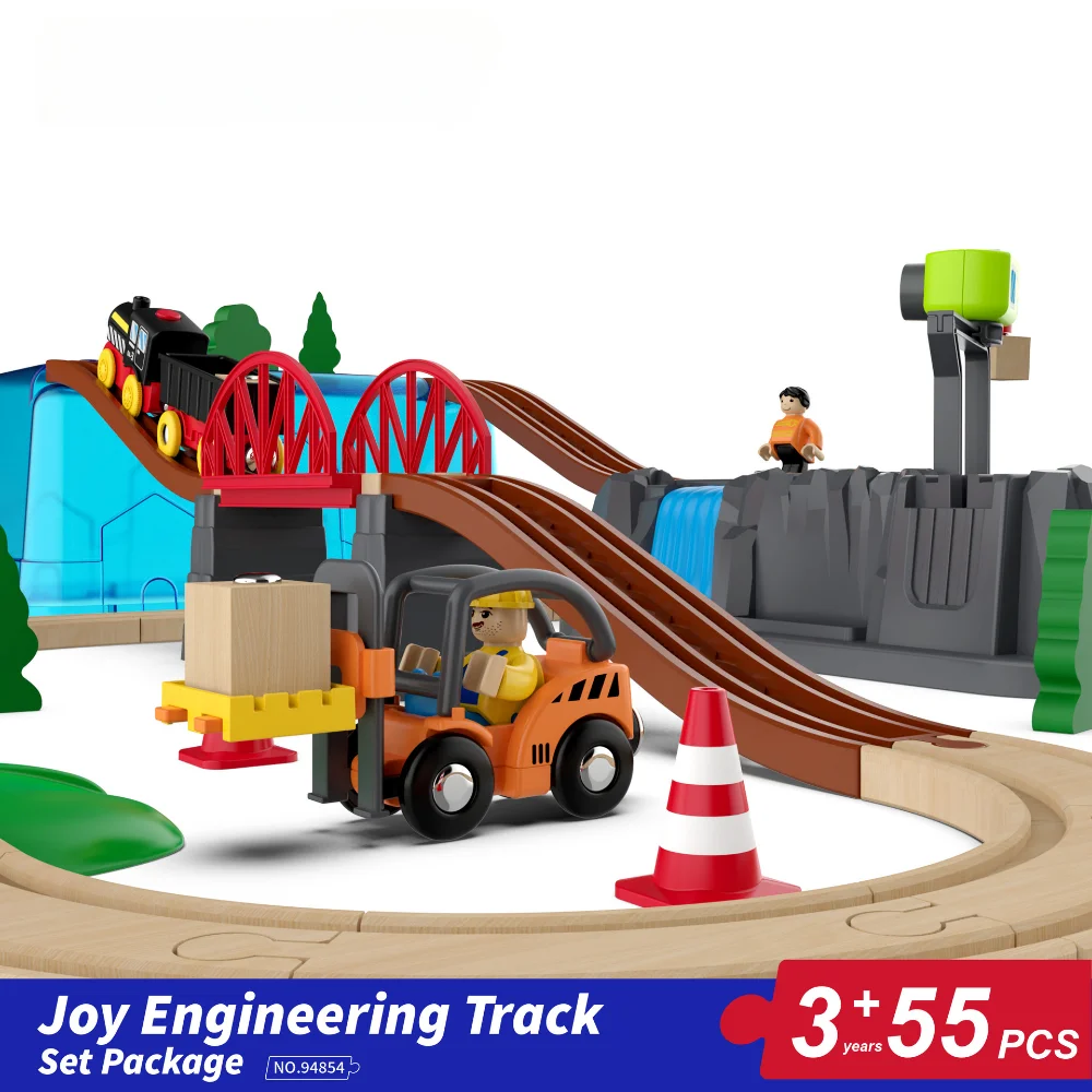 55pcs/set Wooden Railway Track Set Electric Train Magnetic Car Diecast Slot Fit All Brand Biro Wood Track Assemble Toy Boy Gift