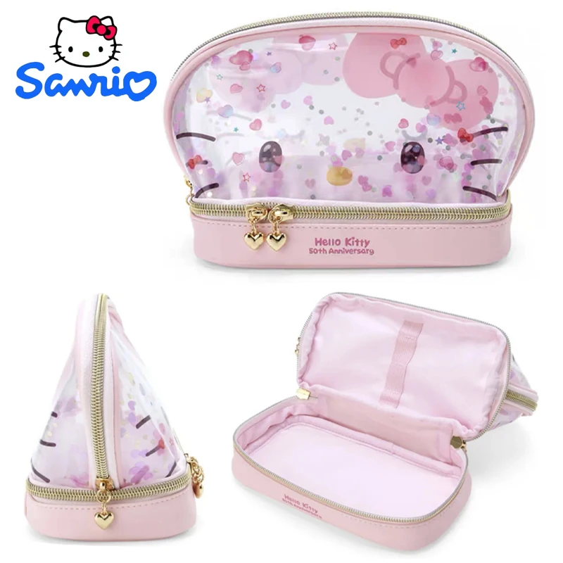 Sanrio Hello Kitty Cosmetic Bag Cartoon Student Pencil Case Large Capacity Double Layer Pen Box Women Beauty Tools Storage Pouch