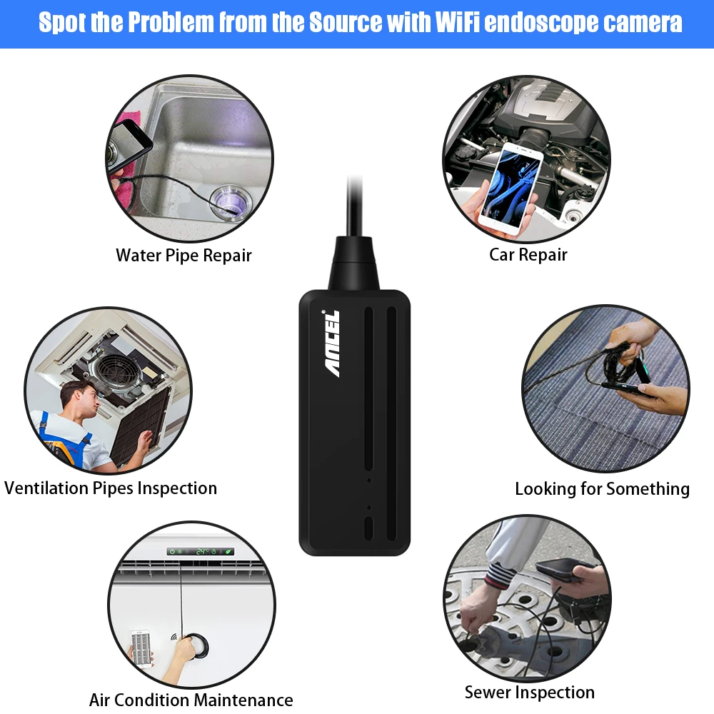 ANCEL W655 WIiFi Endoscope 1080P 5.5MM HD Inspection Camera for Android IOS PC HD Wireless Endoscope Auto Repair Inspection Tool