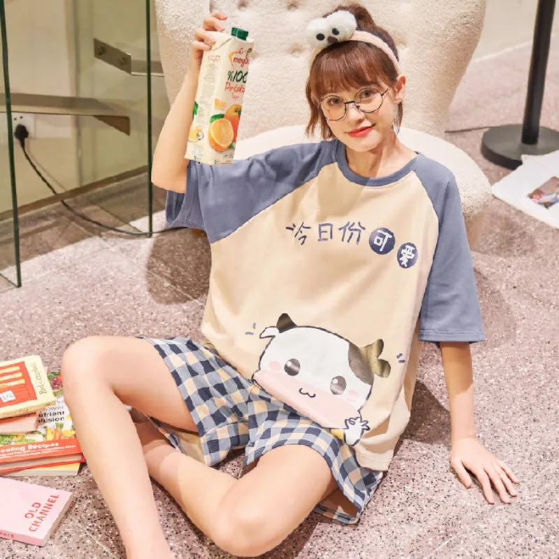 Sweet Cute Nightwear Women Thin Short Sleeve Cartoon Bear Pajamas O-Neck Pullover Student Sleepwear Loungewear Set Korean