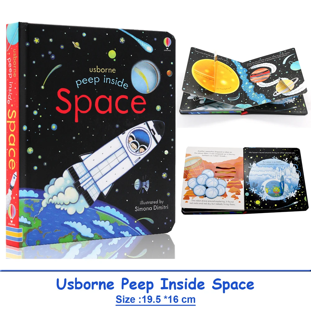 

Usborne Peep Inside Space, обучающая английская книжка с картинками для детей, детские книги для чтения перед сном, планета, 3D-книжки с клапаном