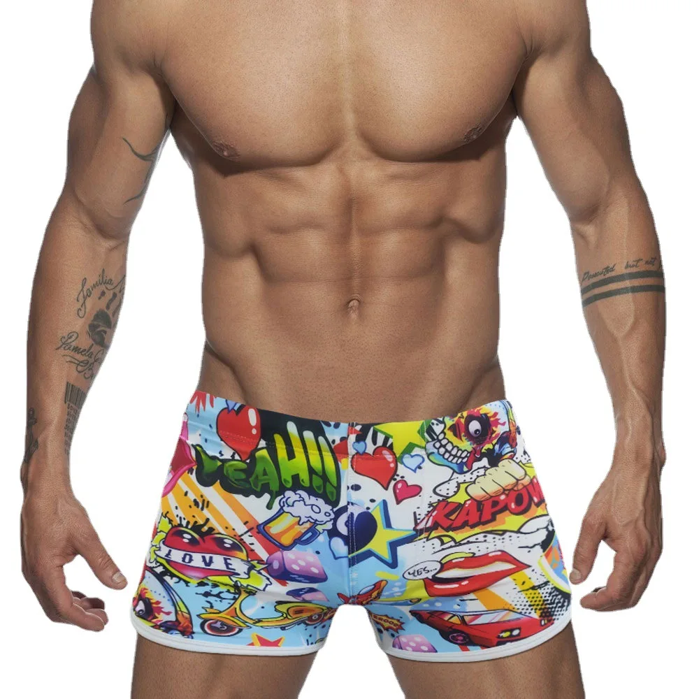 

Cartoon print fun fashion square corner men's swimsuit sports split tie personal quick dry beach swimming boxer shorts men's sty