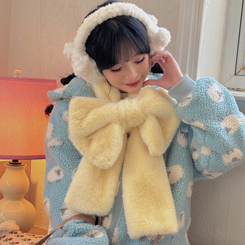 الخريف الشتاء الفتيات أفخم كبير القوس وشاح Ins الفتيات الكورية شعر وشاح لطيف الحلو بلون الباردة حماية وشاح دافئ جديد