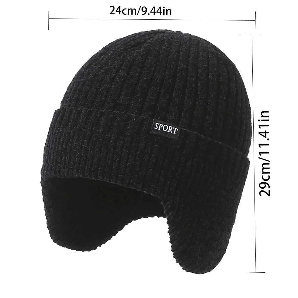 Winter Outdoor Men Knitted Hat Plush Warmth Peaked Cap Earmuff Casual Fashion Faux Fur Lined Bomber Hats Cycling Ear Protection