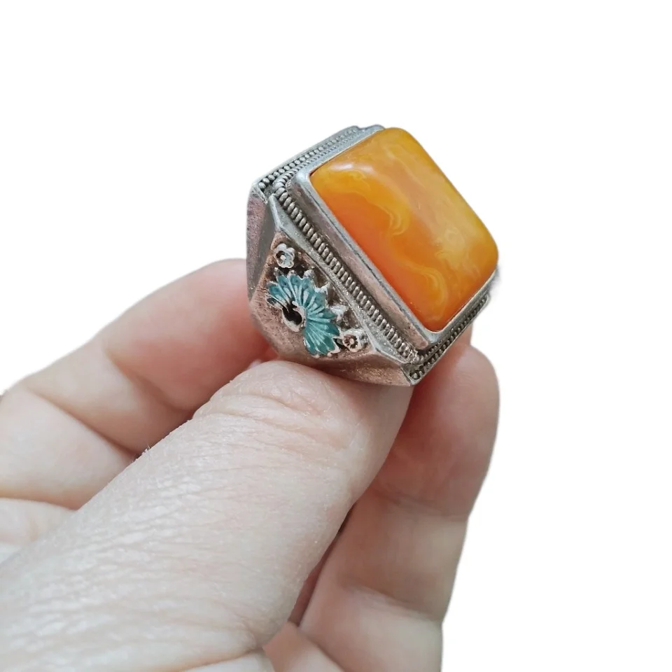 Cultural and Play Collection Tibetan Old Silver Inlaid Beeswax Square Ring Vintage Cloisonné Phoenix Beeswax Luxury Ring