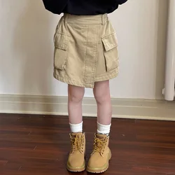 Children Clothes Girls Pocket Cargo Short Skirt Fashionable 2024 Autumn Solid Color Casual Simple Girls Sweet Cool Skirt