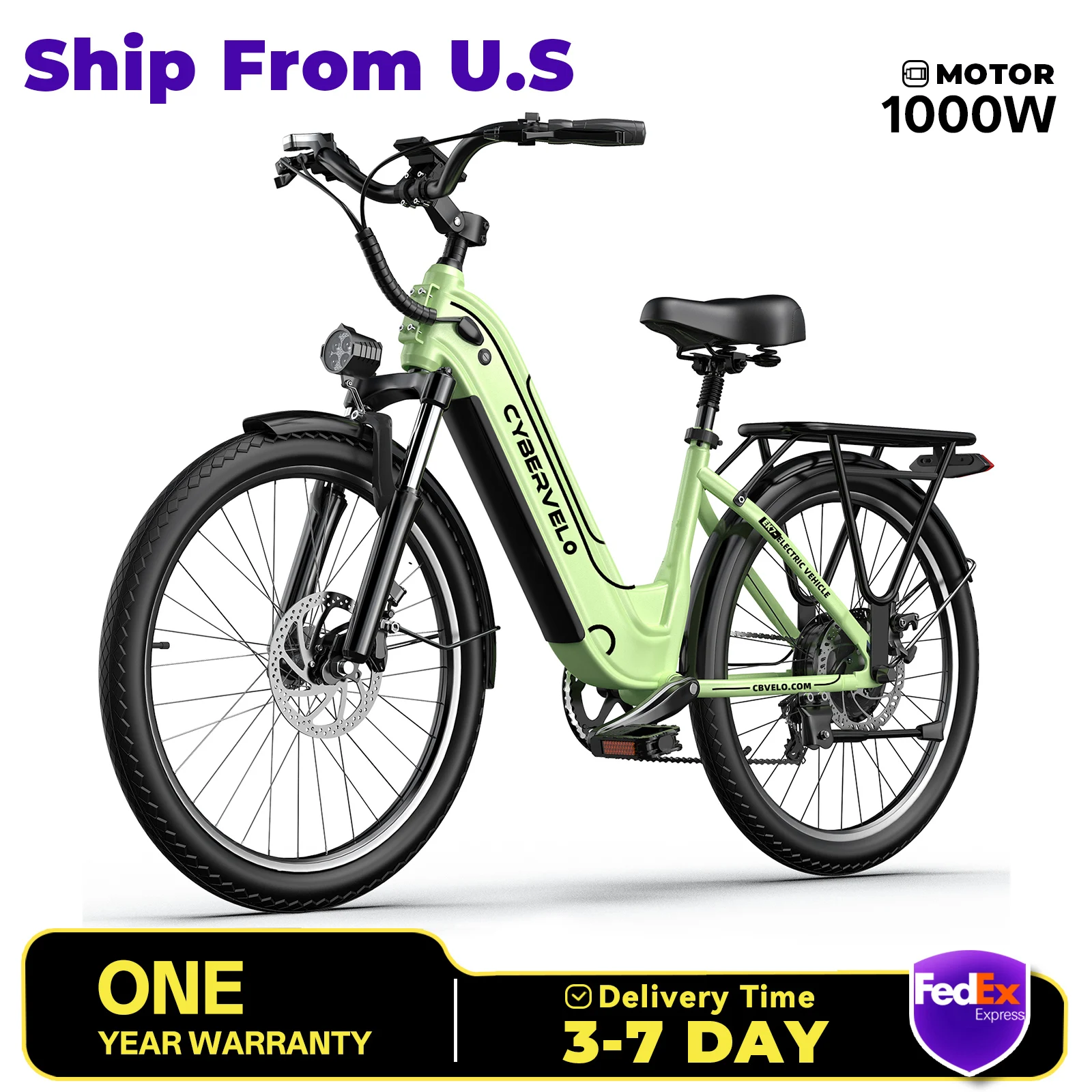 Cybervelo EK7 Bicicleta eléctrica máxima de 1000 W Viaje urbano 80 millas 25AH Batería extraíble Bicicleta eléctrica de largo alcance, bicicleta eléctrica de 26 pulgadas Cambio de 7 velocidades