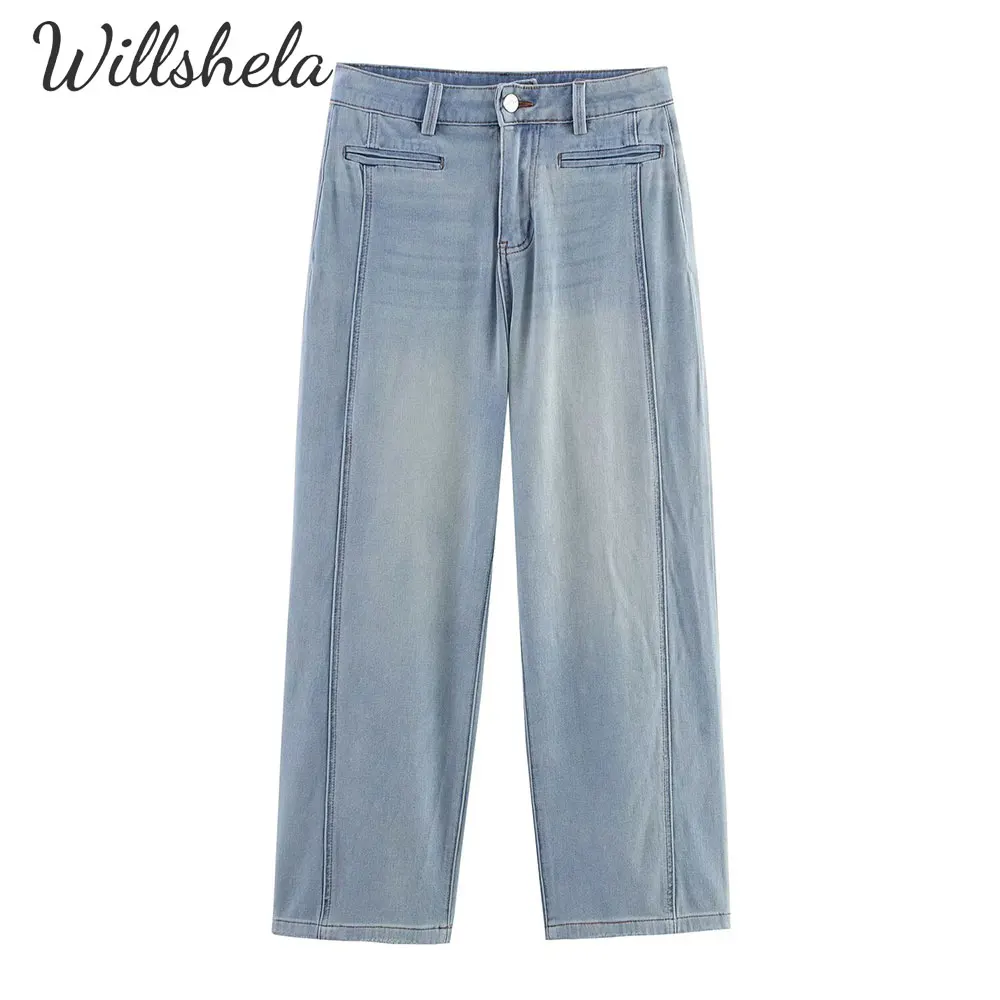 

Willshela Women Fashion Premium 4-Way Stretch Ultra-Soft Straight Loose Denim Jeans Casual Female Chic Lady Long Trousers