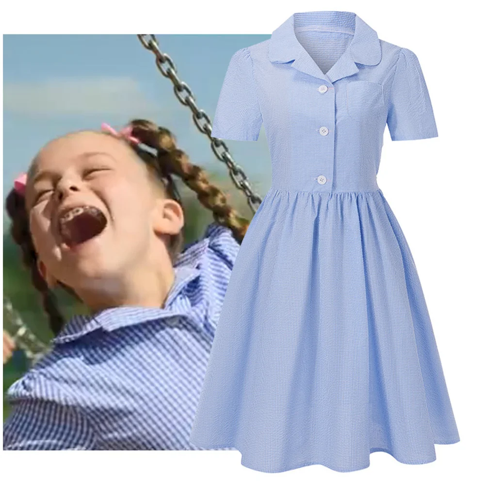 Movie Roald Dahl Matilda the Musical Dress Cosplay Costume Girl Blue Button Clothes Halloween Carnival Party Uniform