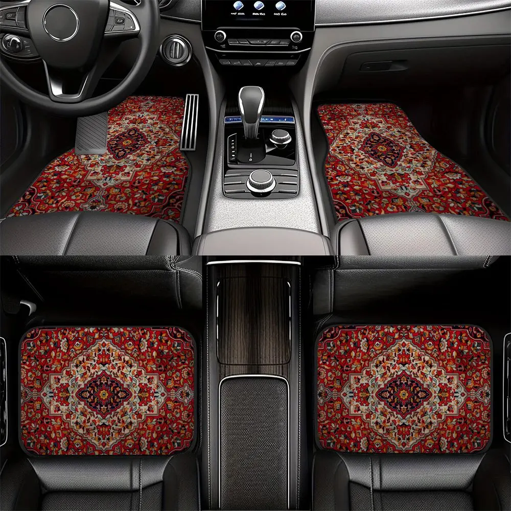 2pcs/4pcs Bohemian Retro Red Car Floor Mat Set - Durable Easy-Clean Polyester Material, Suitable For All Models - Stylish Minima