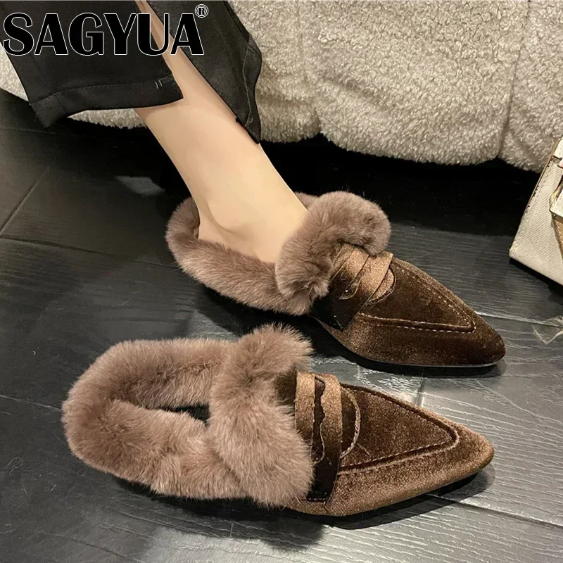 Suede Luxury Furry Slippers Women Plush Warm Home Shoes Ladies Pointed Toe Sexy Party Heels Winter Fur Slides Fad Botas De Mujer