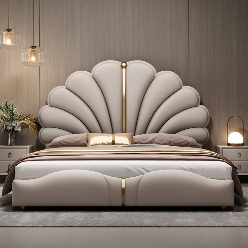 200x220cm Napa Leather Double Bed Frame Modern Princess Wood Bed Headboards Aesthetic Luxury Twin King Sizes Bedroom Furniture