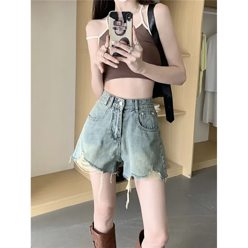2025 été nouveau Style Vintage taille haute Holey a-ligne Denim Shorts femmes cloche bas pantalons décontractés origine chinoise