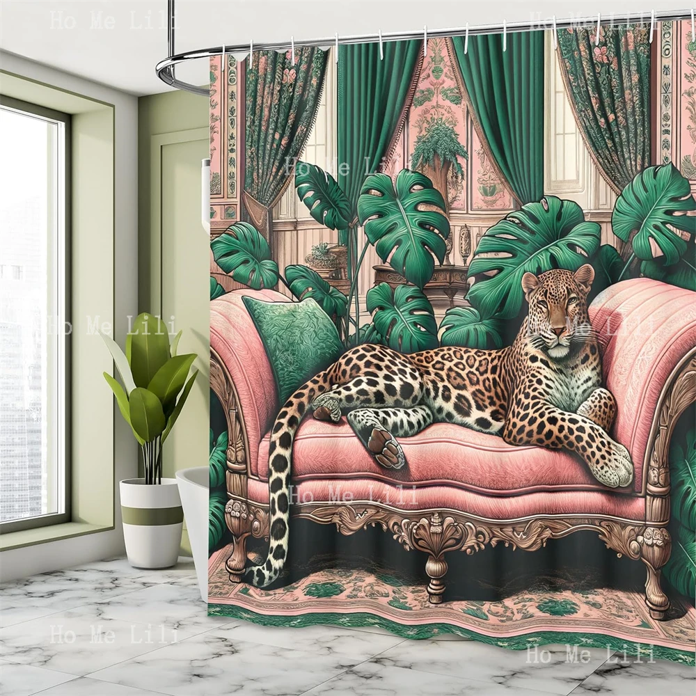 Leopard Shower Curtain Monstera Leaves Around A Big Wild Cat Lounging Modern Boho Classic Vibes Fabric Bathroom Decor