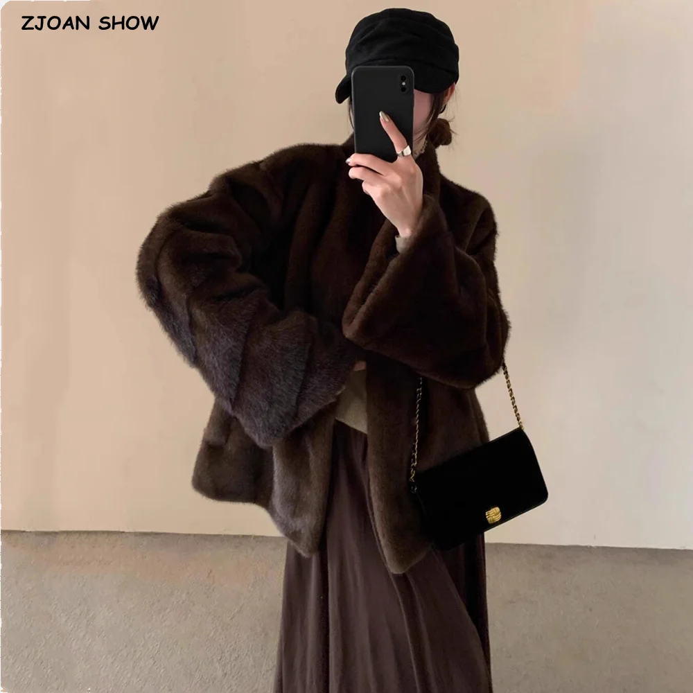 

New Winter Brown Embossing Strip Line Pattern Faux Mink Fur Coat CHIC Women Stand Collar Long Flare Sleeve Midi Outerwear Warm