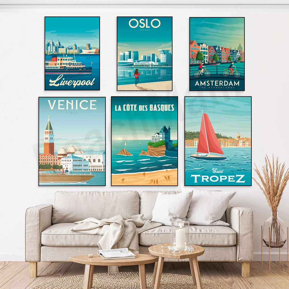Travel Posters Collection - Biarritz Tignes Ski Resort Lyon Venice Santorini Monaco Dublin Copenhagen Bayonne Saint Tropez Londo