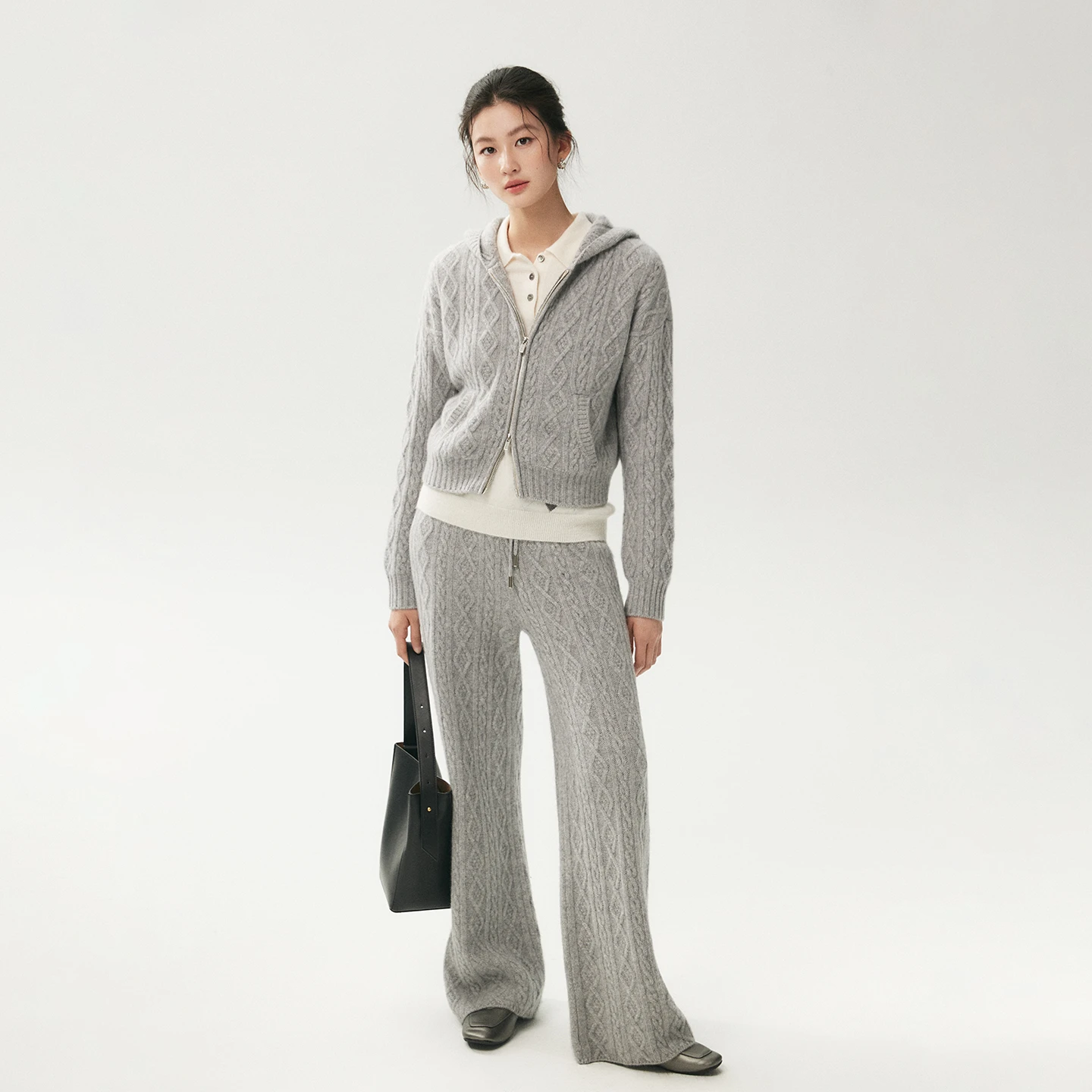 CHICUU Women 100% Cashmere Sweater Pants Set Thick Zipper Hoodie Cardigan Wide Leg Pant Autumn Winter High Quality Cable Knitted