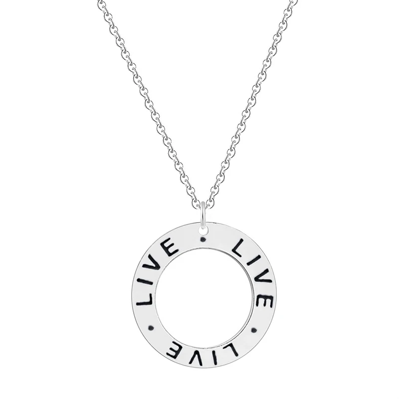 Fashion Silver Plated Love Live Believe Laugh Hollow Circle Pendant Necklace Stainless Steel Inspirational Jewelry