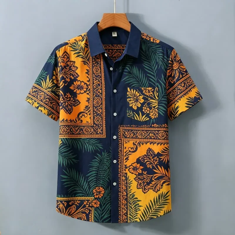 Men Paisley Shirt Short Sleeve Bandana Patchwork Color Block Bohemian Soft Vintage Casual Summer Novelty New Trendy Fashion Pick