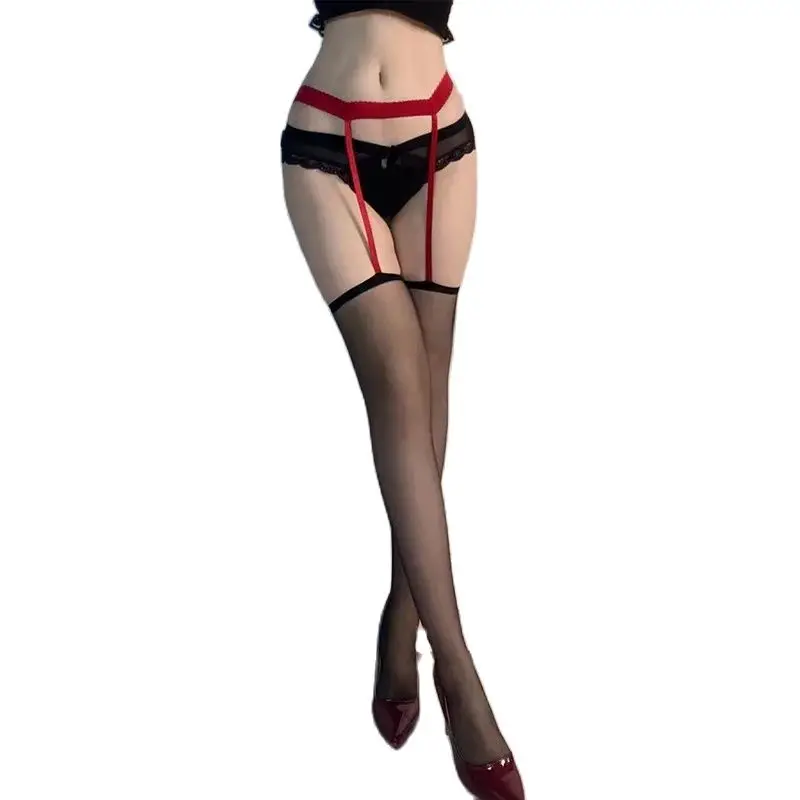 

Sexy seamless suspender stockings women red black white medias club influencer thigh high socks open crotch transparent lingerie