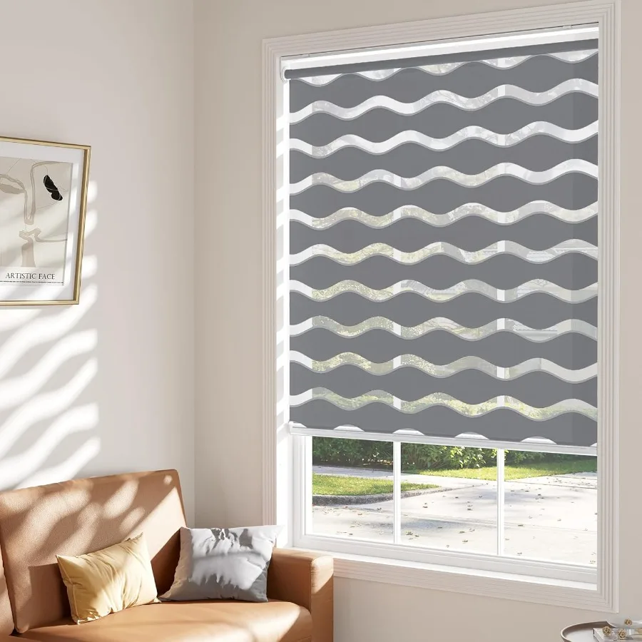 ستائر حمار وحشي لاسلكية بدون مثقاب للنوافذ الداخلية، طبقة مزدوجة للتحكم في الضوء، ظلال دوارة لتصفية الضوء ليلاً ونهارًا #5