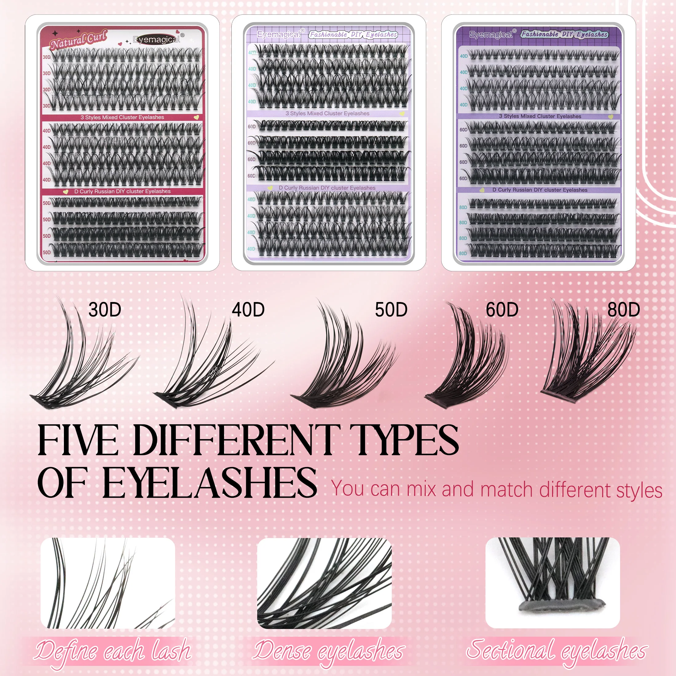 DIY Lash Clusters Set Mixed Tray Lashes Kit Mix Lash Clusters Bond and Seal and Lash Applicator Makeup Tool Lashes Cluster