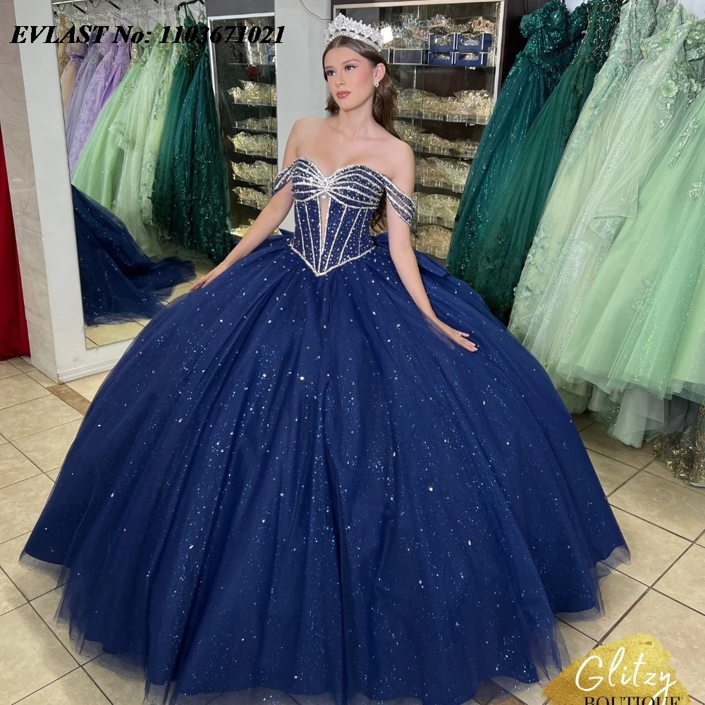 EVLAST Customized Navy Blue Off Shoulder Quinnceanera Dress Ball Gown Applique Beading Corset Sweet 16 Vestidos De 15 Anos SQ639
