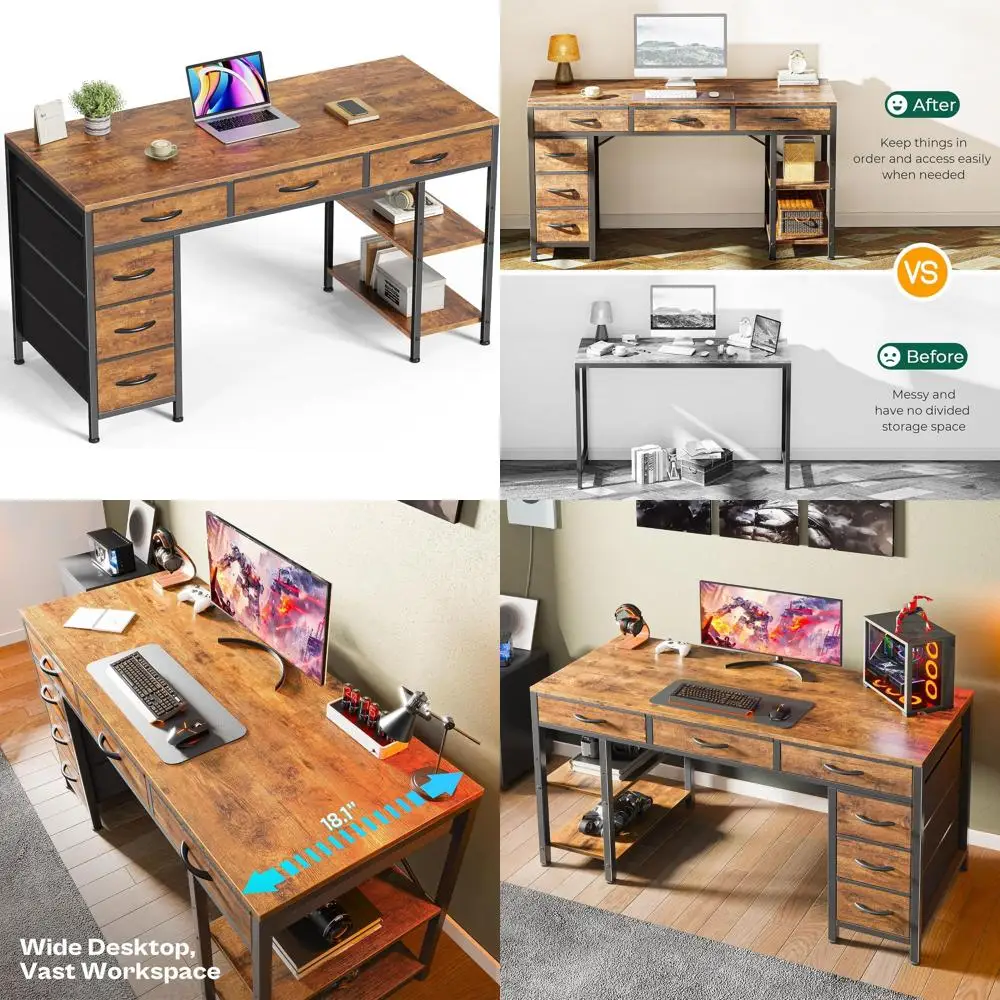 

Rustic Brown 47 Home Office Desk with 6 Drawers, Storage Shelves, and Corner Design for Study or Living Room