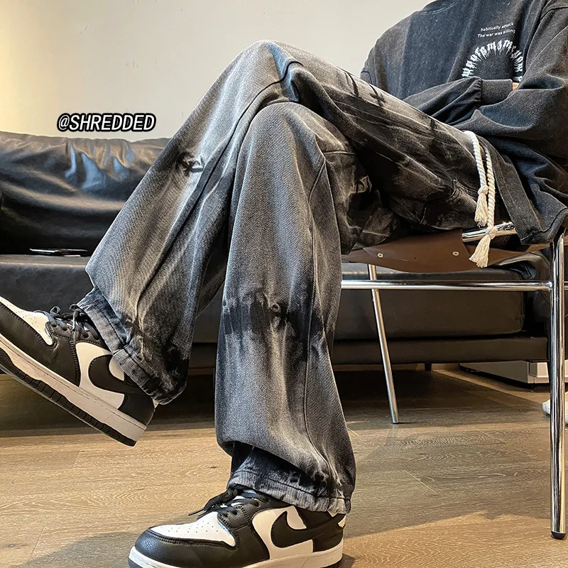 Tie-dyed Jeans Mens Hip Hop Pants Drawstring Denim Pants Retro Straight Pants Mans Baggy Jeans Wide Leg Black Jeans Streetwear