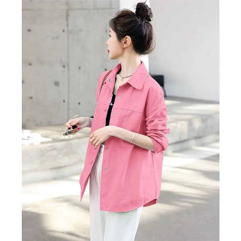 

2026 весенне-осенняя хлопковая рубашка, женское новое корейское пальто, женская свободная куртка-джокер, женская повседневная блузка с длинными рукавами, верхняя одежда
