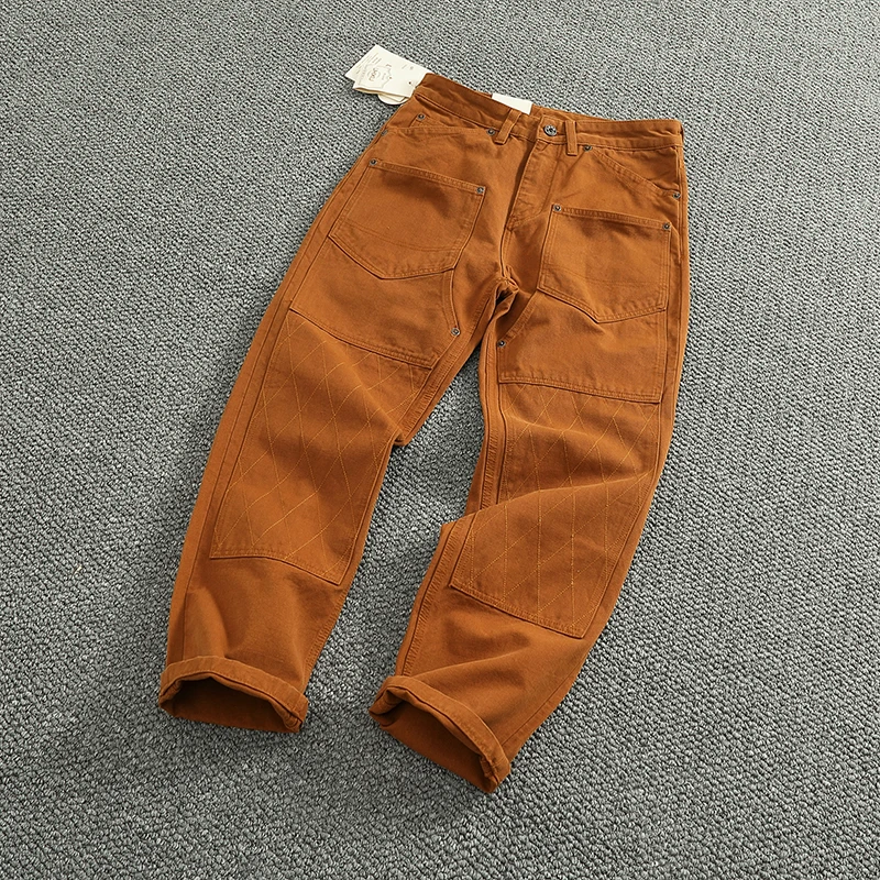 Męskie spodnie w stylu retro American Workwear, casualowe, na wiosnę i lato, nowe, z grubymi naszywkami, luźne, stożkowe, proste nogawki.