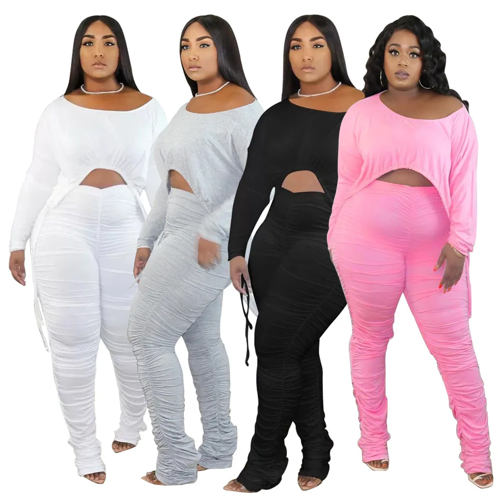 Autumn Women's Plus Size Clothing Round Neck Pleated Drawstring Long Sleeved Solid Color Tight Pants Suit Wholesale Dropshipping