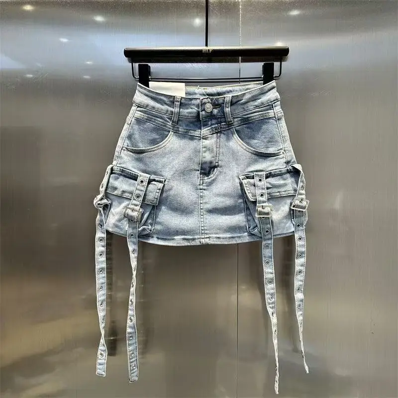 

2025 Spring/Summer New Double Pocket Spicy Girl Cowboy Bag Hip Short Skirt for Women High Waist Blue Skinny Denim Skirt