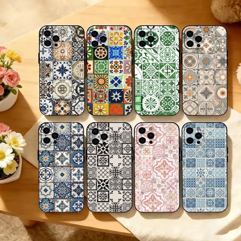 Capa de Celular M-Moroccan T-Tile para iPhone 17, 16, 15, 14, 13, 12, 11 Plus, Pro Max e Outros, Capa Preta Macia